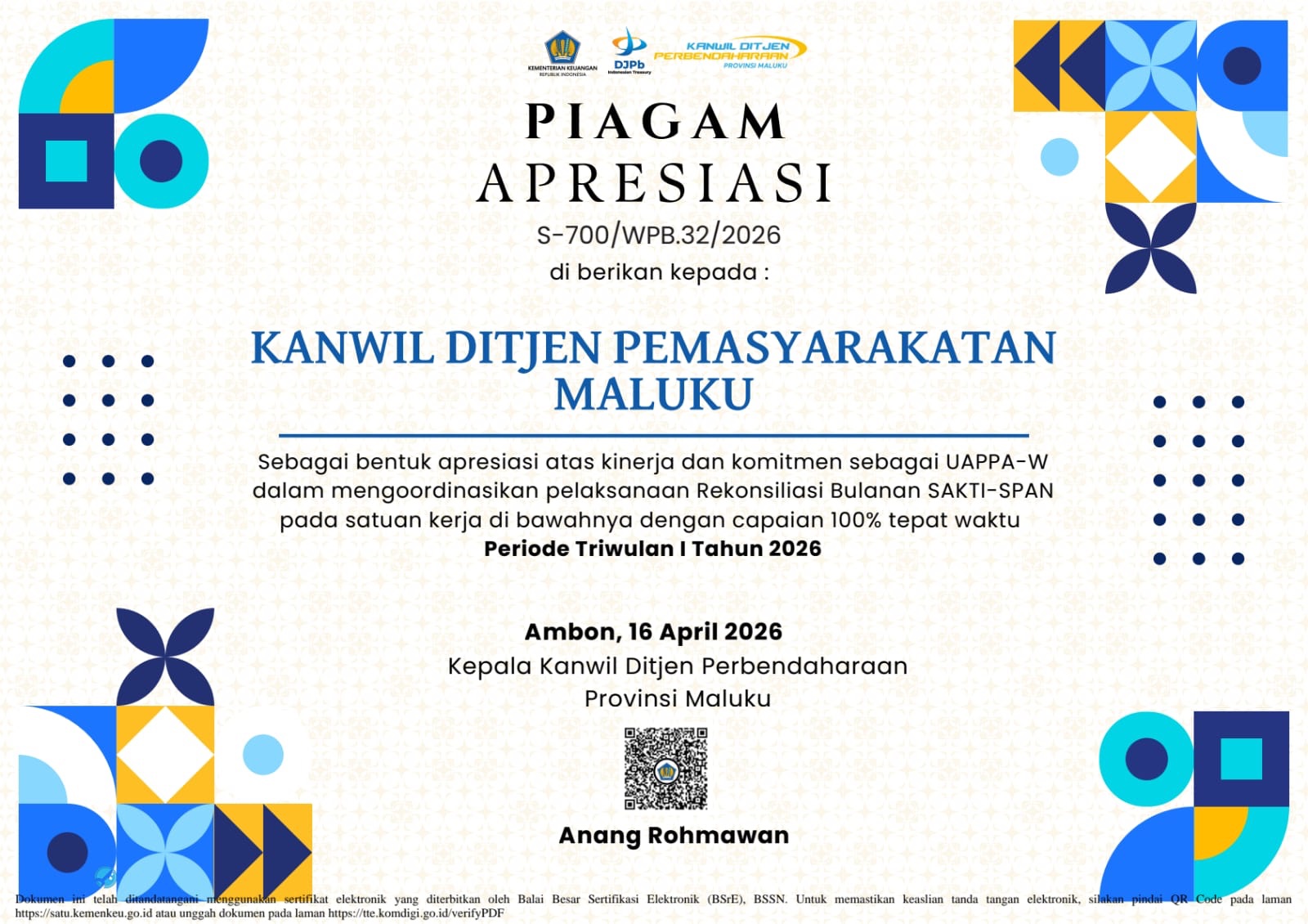 Tunjukkan Representatif Komitmen yang Kuat dan Transparan, Kanwil PAS Maluku Raih Apresiasi Nasional atas Kinerja Rekonsiliasi Triwulan I 2026